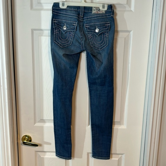 NWOT True Religion size 24 skinny jeans pink&white stitching - Picture 4 of 13